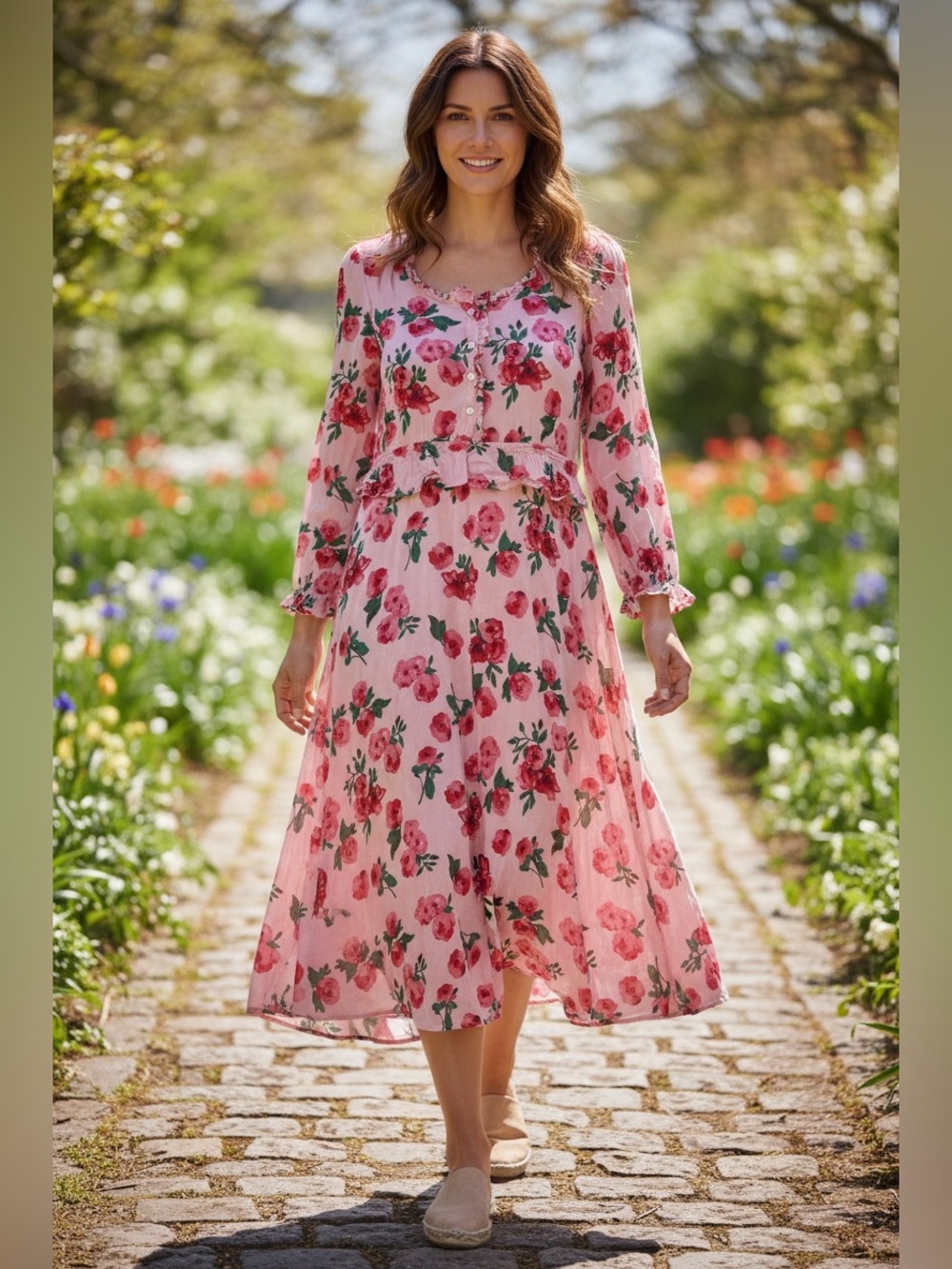 Sonnet James Vintage-Inspired Pink Floral Midi Dress with Ruffle Waist